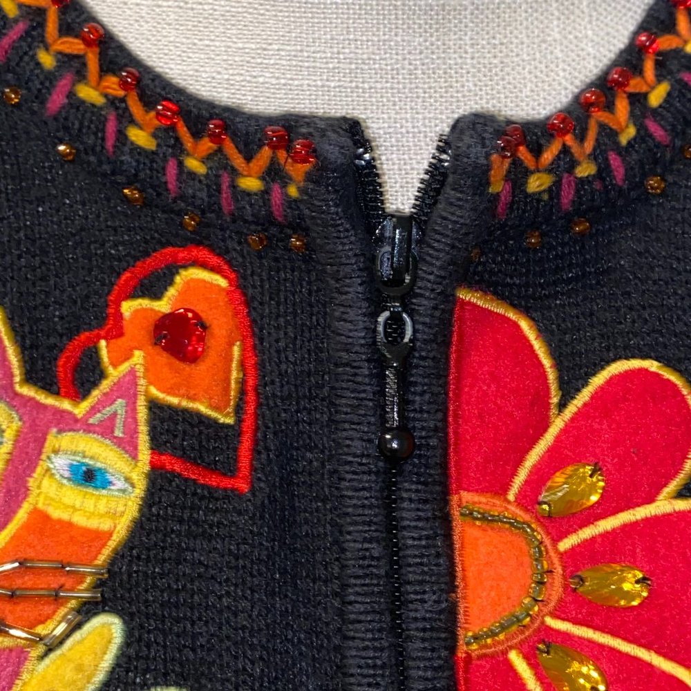 Vintage Jeweled & Beaded Cardigan Sweater Dog Cat Parrot Appliques - Picture 8 of 10